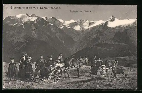 AK Zell am See, Familie mit Pferdegespann auf der Schmittenhöhe, Blick zur Glocknergruppe