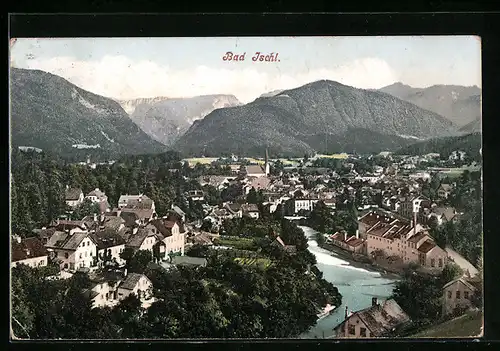 AK Bad Ischl, Ortspanorama mit Fluss