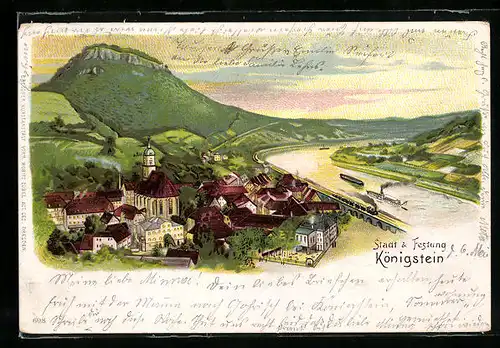 Künstler-AK Königstein, Gesamtansicht mit Festung und Deutschem Haus