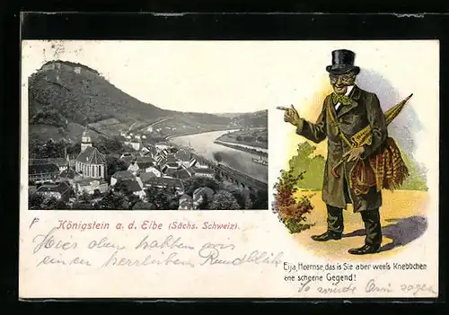 AK Königstein a. d. Elbe /Sächs. Schweiz, Ortsansicht mit einem Herren im Anzug