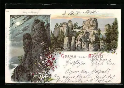 Lithographie Bastei, Panorama mit Felsen & Bastei-Brücke in der sächsischen Schweiz