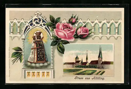 Präge-AK Altötting, Ortspartie mit Kirche, Gnadenbild