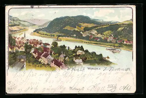 Lithographie Wehlen, Panorama mit Elbe