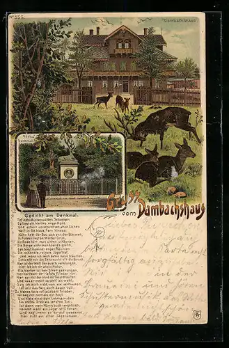 Lithographie Thale, Gasthof Dambachshaus, Pfeils Denkmal