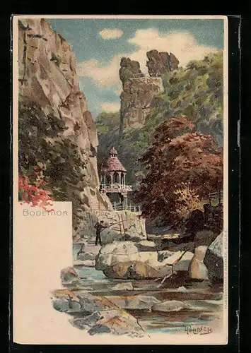 Lithographie Thale, Felslandschaft am Bodethor, Angler