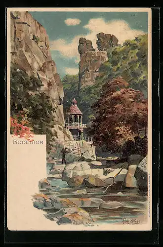 Lithographie Thale, Felslandschaft am Bodethor, Angler