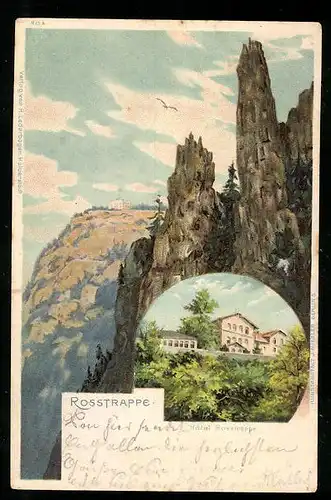 Lithographie Thale / Harz, Hotel und Berg Rosstrappe