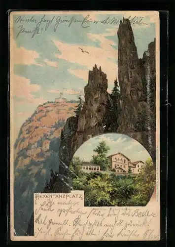 Lithographie Thale / Harz, Hotel und Berg Rosstrappe