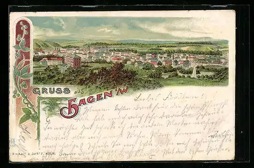 Lithographie Hagen i. W., Ortsansicht aus der Vogelschau