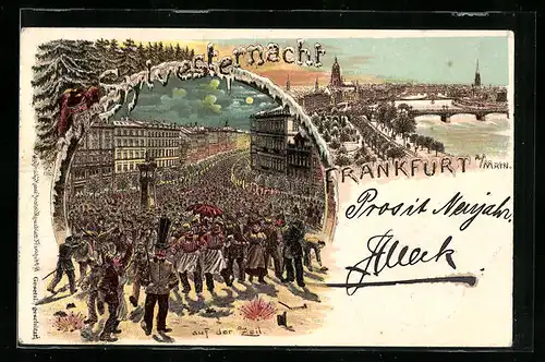 Lithographie Frankfurt a. Main, Sylvesternacht auf der Zeil, Ortsansicht