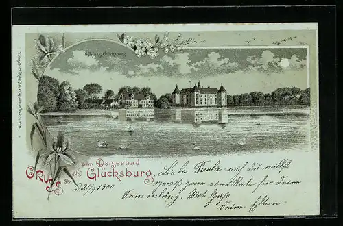 Lithographie Glücksburg, Schloss Glücksburg vom Wasser aus