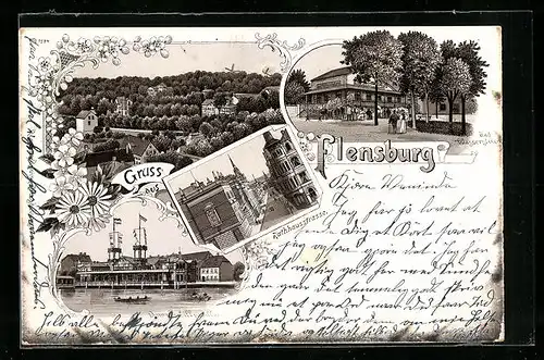 Lithographie Flensburg, Bellevue, Bad Wassersleben & Dampfschiffpavillon