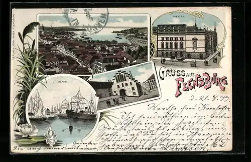 Lithographie Flensburg, Theater, Hafen, Nordertor