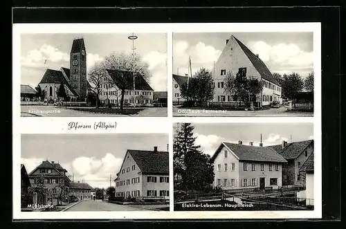 AK Pforzen, Kirche, Mühlstrasse, Elektro-Lebesmittel Hauptfleisch, Gasthaus Fernsemer