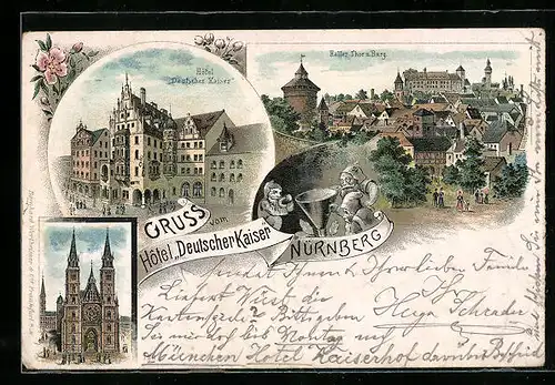 Lithographie Nürnberg, Hotel Deutscher Kaiser, Haller Tor, Burg