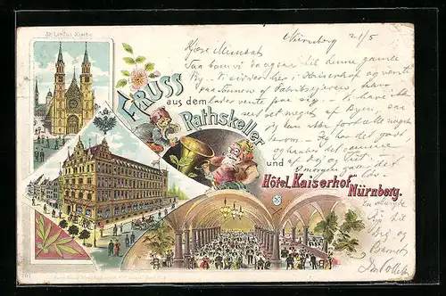 Lithographie Nürnberg, Hotel Kaiserhof, Inneres Gasthaus Ratskeller, St. Lorenz-Kirche