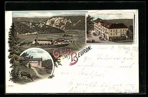 Lithographie Beuron, Gasthof & Pension zum Pelikan, St. Maurus Kapelle, Dorfansicht mit Umgegend