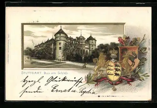 Passepartout-Lithographie Stuttgart, das alte Schloss, Stadtwappen
