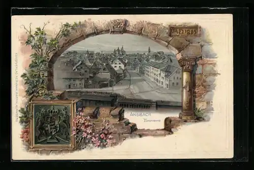Passepartout-Lithographie Ansbach, Ortspanorama, Wappen