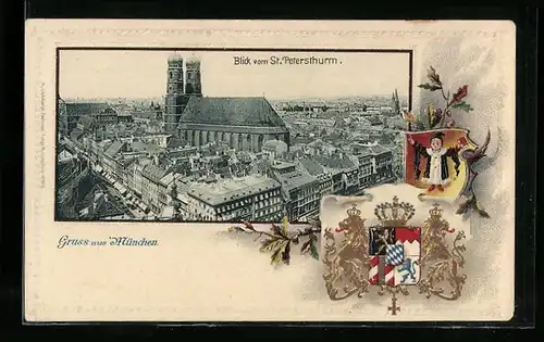 Passepartout-Lithographie München, Blick vom St. Petersturm, Wappen