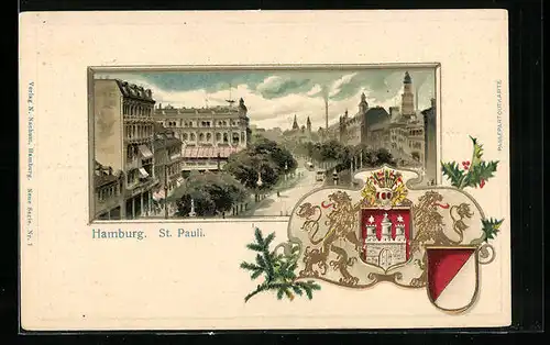 Passepartout-Lithographie Hamburg-St. Pauli, Teilansicht mit Strasse aus der Vogelschau, Wappen