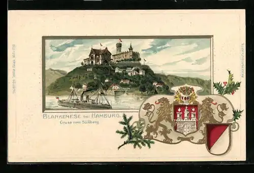 Passepartout-Lithographie Blankenese bei Hamburg, Blick auf Süllberg und Dampfer, Wappen