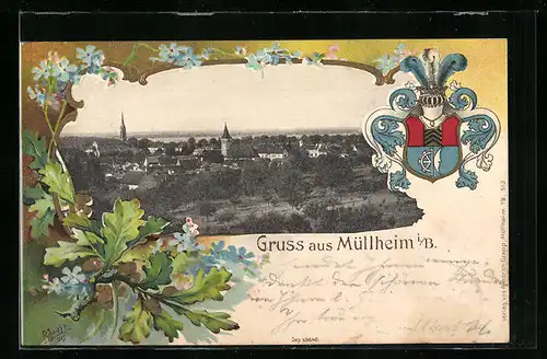 Passepartout-Lithographie Müllheim i. B., Blick auf den Ort, Wappen