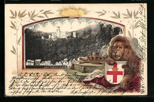 Passepartout-Lithographie Capellen, Teilansicht mit Schloss Stolzenfels, Löwe mit Wappen