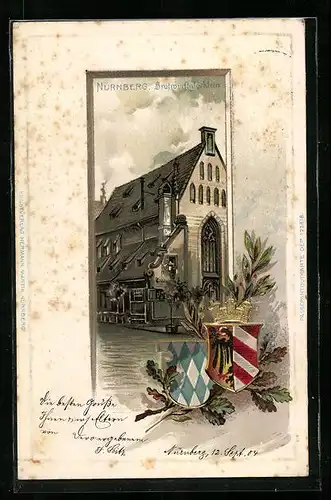 Passepartout-Lithographie Nürnberg, Ortspartie mit Bratwurstglöcklein, Wappen