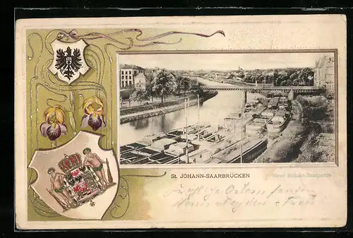 Passepartout-Lithographie St. Johann-Saarbrücken, Hafenpartie mit Brücke aus der Vogelschau, Wappen, Lilien