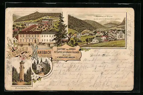 Lithographie Manebach /Th., Gasthof zum Hirsch J. Schlegelmilch mit Garten, Ortsansicht, Kickelhahn-Turm