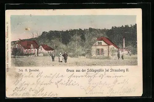 AK Strausberg, Gaststätte Schlagmühle mit Nachbargebäuden und Ortsansässigen