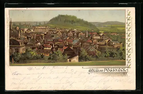 Lithographie Pössneck, Gesamtansicht mit Hügel aus der Vogelschau