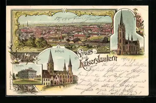 Lithographie Kaiserslautern, Gymnasium, Stiftskirche, Ortsansicht aus der Vogelschau