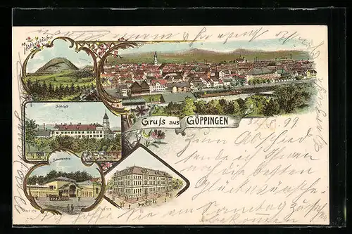 Lithographie Göppingen, Totalansicht mit Sauerbrunnen und Schloss