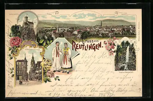 Lithographie Reutlingen, Obere Wilhelmstrasse, Trachtenpaaar, Ortsansicht aus der Vogelschau