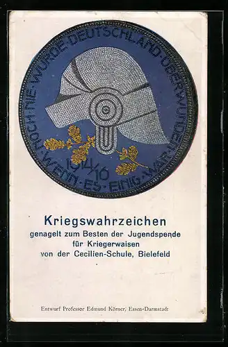 AK Bielefeld, Genageltes Kriegswahrzeichen für Kriegerwaisen von der Cäcilien-Schule, Ritterhelm mit Eichenlaub