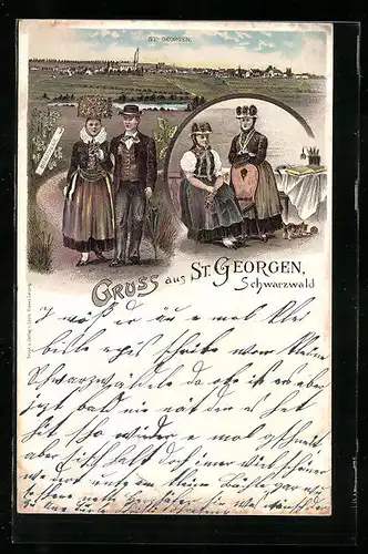 Lithographie St. Georgen /Schwarzw., Panorama des Ortes, Brautpaar in Tracht