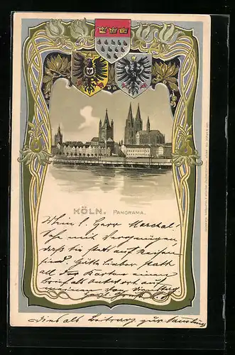 Passepartout-Lithographie Köln, Panorama am Rhein, Wappen