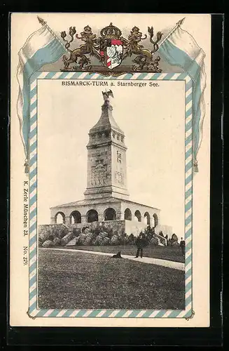 Passepartout-Lithographie Starnberg, Bismarck-Turm mit Besuchern, Wappen und Fahnen