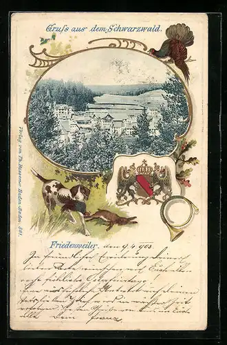 Passepartout-Lithographie Friedenweiler /Schwarzwald, Ortsansicht, Wappen