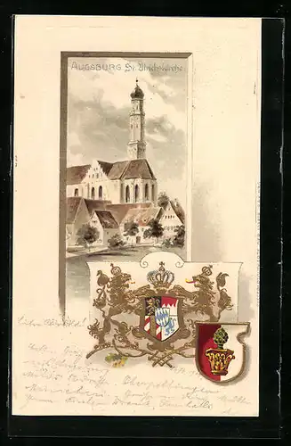 Passepartout-Lithographie Augsburg, Partie an der St. Ulrichskirche, Wappen