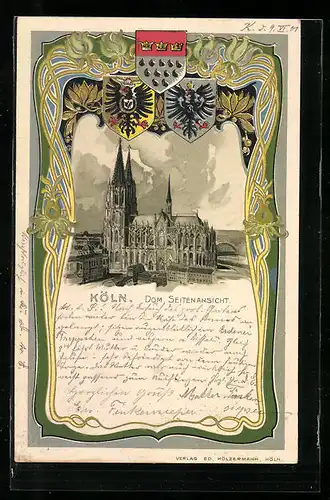 Passepartout-Lithographie Köln, Seitenansicht des Doms mit Wappen