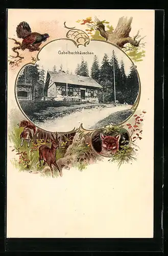 Passepartout-Lithographie Gabelbach b. Ilmenau, Gabelbachhäuschen, Waldtiere