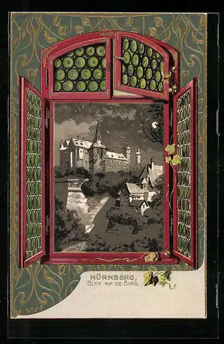 Präge-Passepartout-Lithographie Nürnberg, Blick auf die Burg