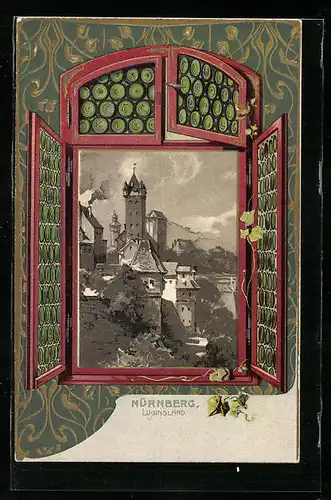 Passepartout-Lithographie Nürnberg, Teilansicht mit Luginsland, geöffnetes Fenster als Passepartout
