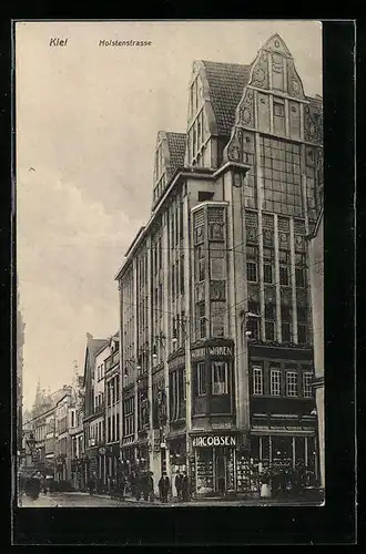 AK Kiel, Holstenstrasse mit Geschäft v. W. Jacobsen