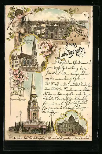 Lithographie Ludwigshafen a. Rh., Monumental-Brunnen, Neue Evang. Kirche, Post