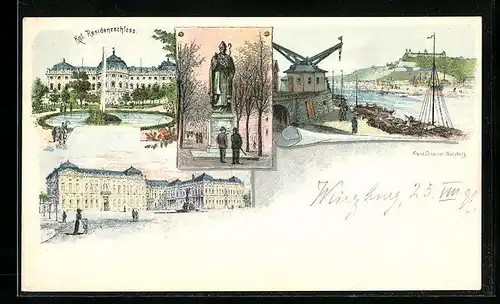 Lithographie Würzburg, Kgl. Residenzschloss, Hafen