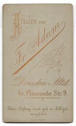 Fotografie Fr. Adam, Dresden, Gr. Plauensche Str. 9, Portrait stattlicher Herr mit Schnurrbart